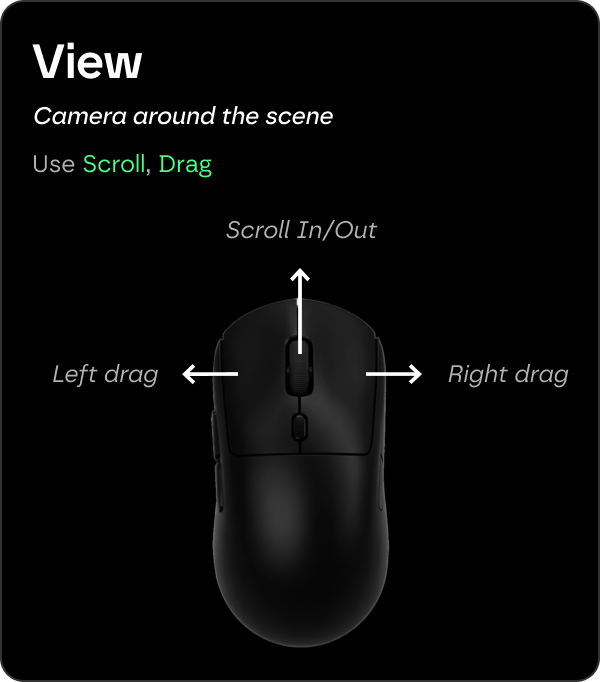 View controls: orbit, pan, and zoom the camera with scroll and drag